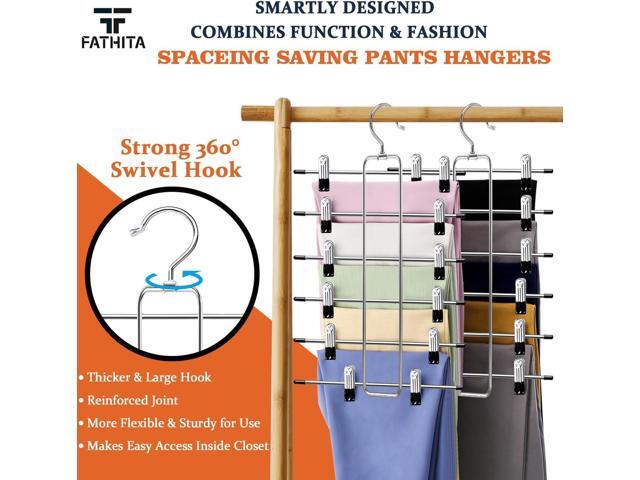 Closet-Organizers-and-Storage,6 Tier Pants-Hangers-Space-Saving,Skirt-Hangers with Clips for Closets Organizer,College-Dorm-Room-Essentials,2 Pack...