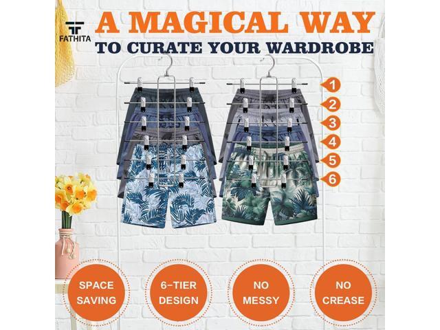 Closet-Organizers-and-Storage,6 Tier Pants-Hangers-Space-Saving,Skirt-Hangers with Clips for Closets Organizer,College-Dorm-Room-Essentials,2 Pack...