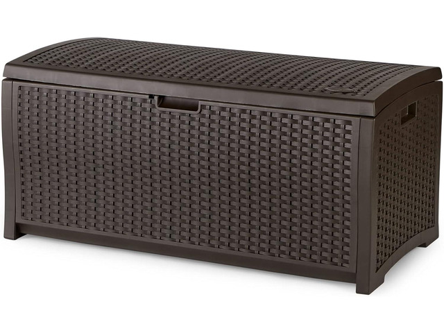 Suncast Outdoor Storage Box - 73 Gallon Mocha Brown Deck Box for Patio, weather-resistant Outdoor Storage Bench, Resin Wicker Style, Heavy-Duty,...