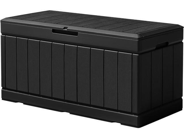 Flamaker Outdoor Storage Box 85 Gallon Resin Waterproof Deck Box Delivery Box with Wood Texture Large Storage Bin for Patio Cushions (Black)