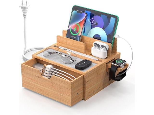 Pezin & Hulin Bamboo Charging Station for Multi Device, with Power Charger & Cables, Nightstand Docking Station with Lined Tray & Drawer,...
