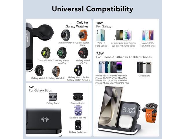 4 in 1 Wireless Charger with Alarm Clock Compatible for Galaxy Watch 8/7/Ultra/FE/6 Pro Galaxy S25/Ultra/S25+/S24/S23/Note 20/Z Flip 7/6/5 Fold 6...