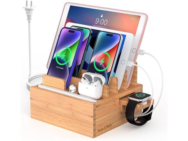 Pezin & Hulin Bamboo Charging Station for Multiple Devices Include 5 Port USB Charger, 5 Cables, Desktop Organizer for Phones, Tablet, Wooden...
