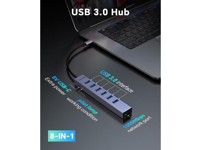 USB 3.0 Hub, 8 Ports USB Ethernet Hub, with 7 USB 3.0 Port, 5V Extra Power Port, Aluminum Shell USB A HUB, USB Expander for Laptop, Flash Drive,...