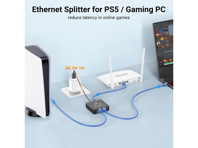 Ethernet Splitter 1 to 2 Ethernet Cable Splitter Internet Switch 2 Port Network Gigabit LAN RJ45 1000Mbps 1 in 2 Out Compatible with Cat 8 7 6 5...