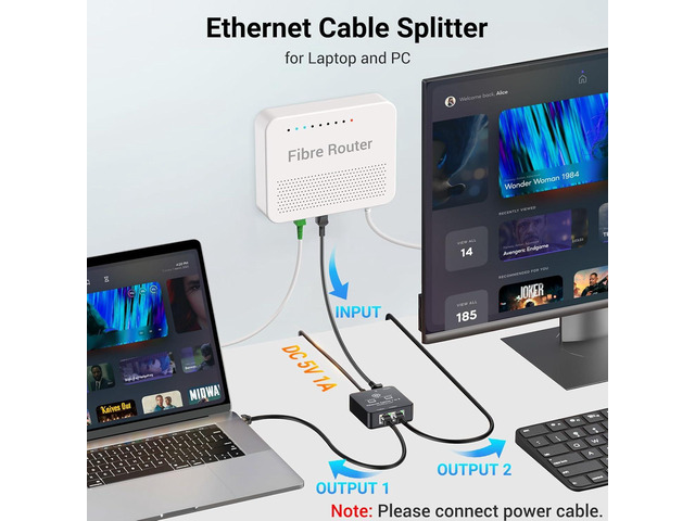 Ethernet Splitter 1 to 2 Ethernet Cable Splitter Internet Switch 2 Port Network Gigabit LAN RJ45 1000Mbps 1 in 2 Out Compatible with Cat 8 7 6 5...