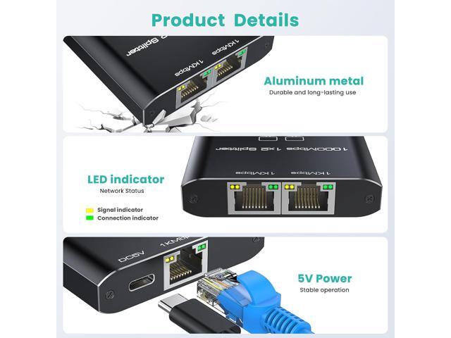 Ethernet Splitter 1 to 2, High Speed Gigabit 1000Mbps, LAN Network Splitter with USB Power Cable, Gigabit RJ45 Internet Ethernet Splitter for Cat...