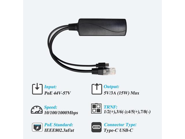 2.5G Type C PoE Splitter 5V/3A, 48V PoE to USB-C 5V/3A 15W Output, 2.5Gbps Ethernet Comply IEEE802.3af/at, Plug and Play for Smart Home