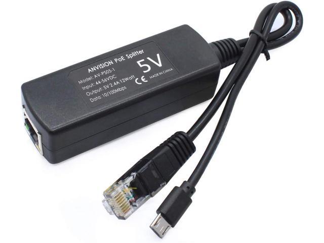 ANVISION 5V PoE Splitter, 48V to 5V 2.4A Adapter with Micro USB Plug, IEEE 802.3af Compliant, for IP Camera, Tablets, Dropcam or Raspberry Pi and...