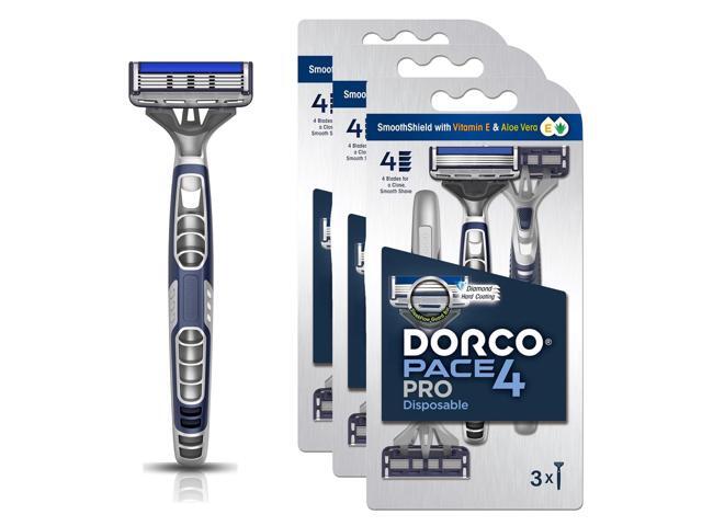 DORCO Pace Pro 4 Disposable Razors, 9 pack - Long Lasting 4 Blade Technology with a Precision Trimmer, Safety Guard Bar, Pivoting Head and Non-Slip.