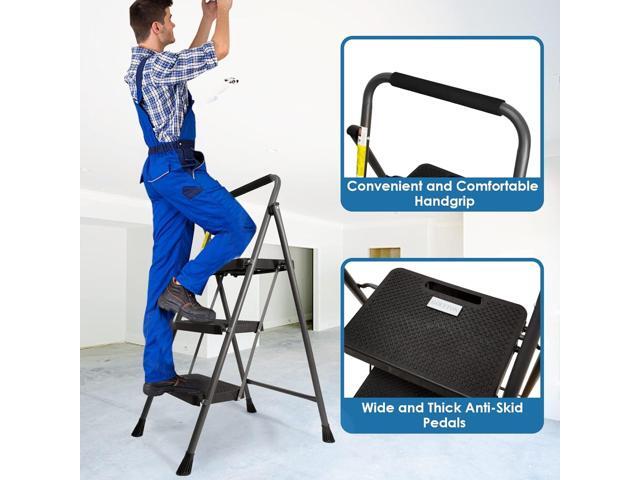 3 Step Ladder, GOLYTON Folding Step Stool with Anti-Slip Wide Pedal & Convenient Handgrip, 500lbs Capacity Steel Ladder for Household and Office, Grey