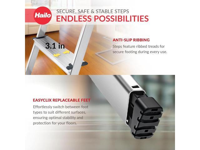 Hailo Folding Step Ladder, Non-Slip 8 Step Ladder for Garage, Home & Kitchen, L60, Silver/Red