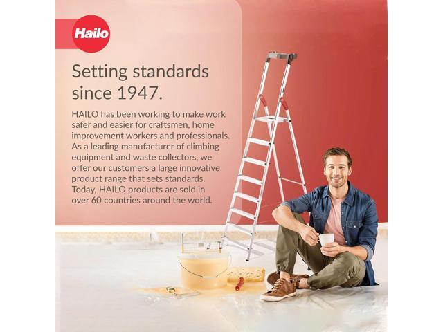 Hailo Folding Step Ladder, Non-Slip 8 Step Ladder for Garage, Home & Kitchen, L60, Silver/Red