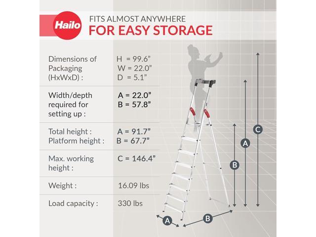 Hailo Folding Step Ladder, Non-Slip 8 Step Ladder for Garage, Home & Kitchen, L60, Silver/Red