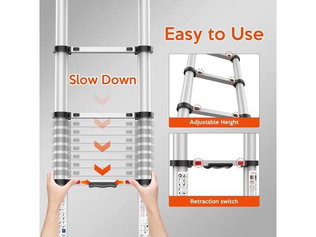 12.5FT Telescoping Ladder, Collapsible Ladder with Bottom Stabilizers, Slow Descent, One-Click Retraction to Protect FingerSuitable for RV or...