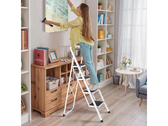 JungleA 4 Step Ladder, Folding Step Stool for Adults, Foldable Lightweight Portable Tall White Ladder Stool for Home Kitchen Closet Garage &...