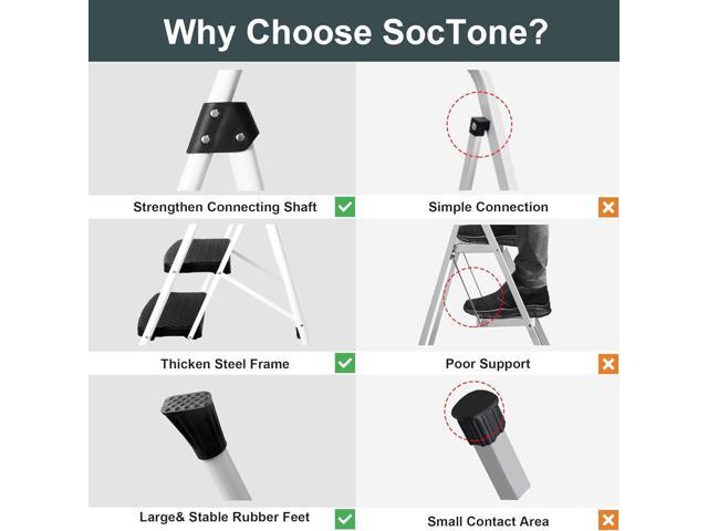 SocTone 3 Step Ladder, Folding Step Stool for Adults with Handle, Lightweight, Perfect for Kitchen& Household, 500lbs Capacity Sturdy Steel Ladder...