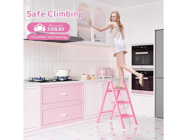 GameGem Pink Step Ladder 3 Step Folding, Small Step Stool for Women to Reach Higher Places, Widen 7.9Inch Pedal for Comfortable Use, Anti-Slip Foot...