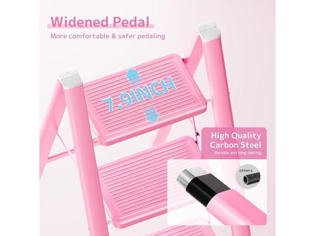 GameGem Pink Step Ladder 3 Step Folding, Small Step Stool for Women to Reach Higher Places, Widen 7.9Inch Pedal for Comfortable Use, Anti-Slip Foot...
