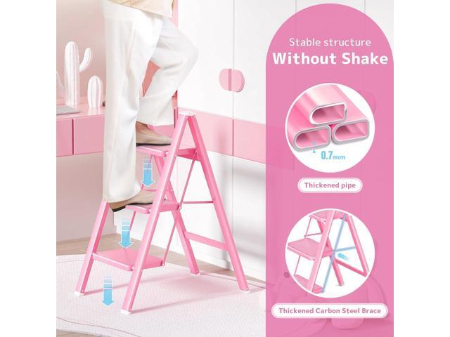 GameGem Pink Step Ladder 3 Step Folding, Small Step Stool for Women to Reach Higher Places, Widen 7.9Inch Pedal for Comfortable Use, Anti-Slip Foot...