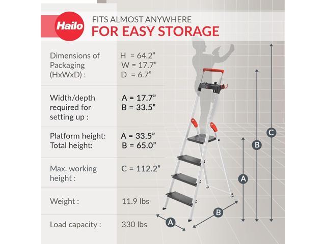 Hailo Folding Step Ladder, Non-Slip 4 Step Ladder for Garage, Home & Kitchen, L100, Silver/Black