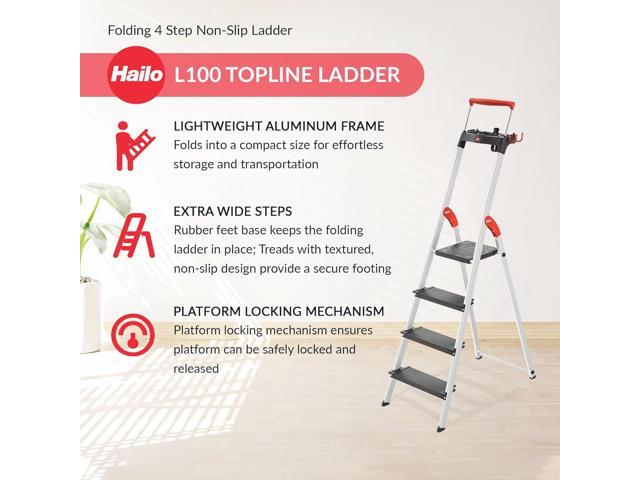 Hailo Folding Step Ladder, Non-Slip 4 Step Ladder for Garage, Home & Kitchen, L100, Silver/Black