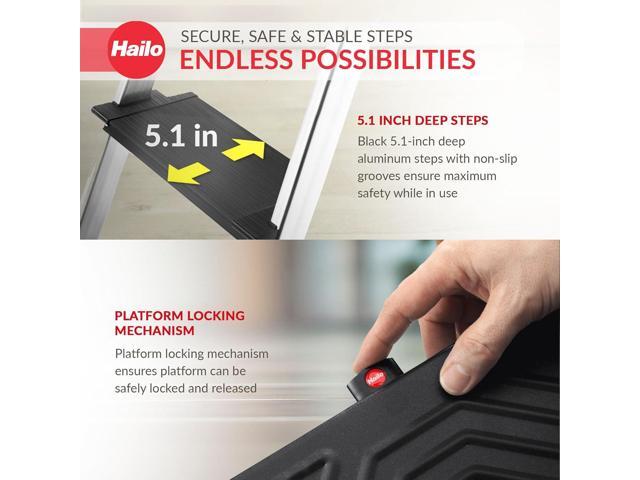 Hailo Folding Step Ladder, Non-Slip 4 Step Ladder for Garage, Home & Kitchen, L100, Silver/Black