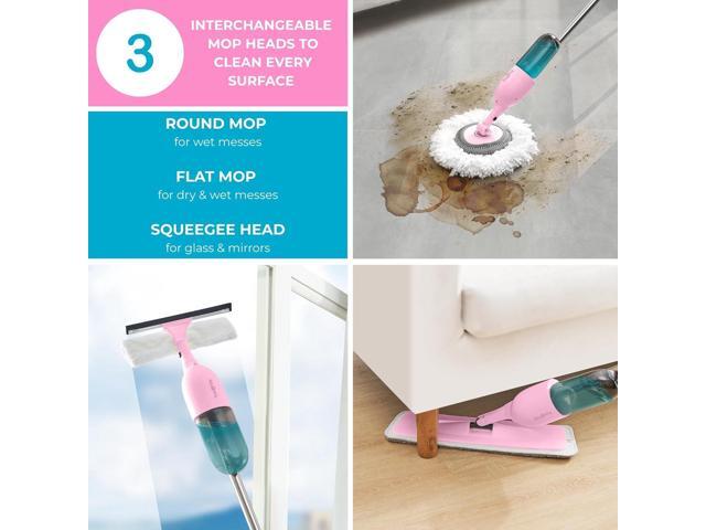 True & Tidy Clean Everywhere Spray Mop Kit with Three Interchangeable Heads and Refillable Tank- Includes Flat Head, Round Mop, Window Squeegee...