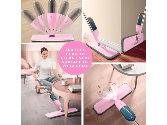 True & Tidy Clean Everywhere Spray Mop Kit with Three Interchangeable Heads and Refillable Tank- Includes Flat Head, Round Mop, Window Squeegee...