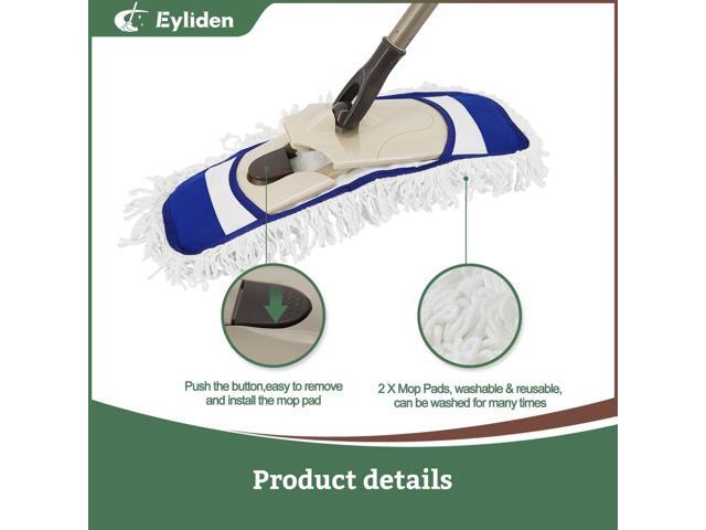 Eyliden Dust Mop with Reusable Washable Pads - One Touch Replacement, Height Adjustable Handle, Total 2 Mop Cloths, Wet Dry Mops for Floor...