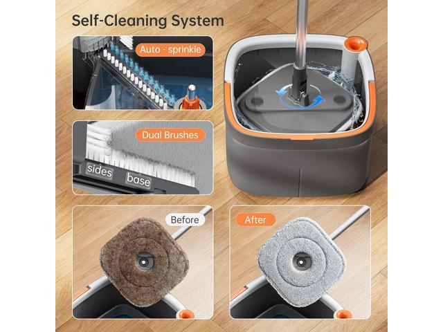 KZKR Spin Mop and Bucket Set with 2 Replaceable Microfiber Mop Pads with Self Separation Dirty and Clean Water System, Self Wringing 360° Rotating...
