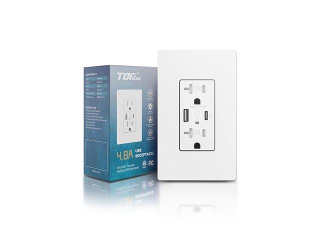 USB Receptacle Outlet, 4.8A High Speed USB C/A Wall Charger Ports Outlets, 20 Amp Tamper-Resistant Receptacle Wall Socket, Screwless Wall Plate...