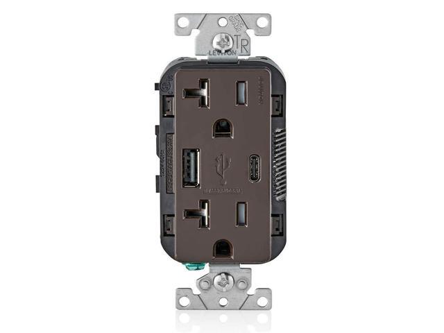 Leviton Type A & Type-C USB In-Wall Charger with 20A Tamper-Resistant Outlet, USB Charger for Smartphones and Tablets. Not for Laptops, T5833-B, Brown