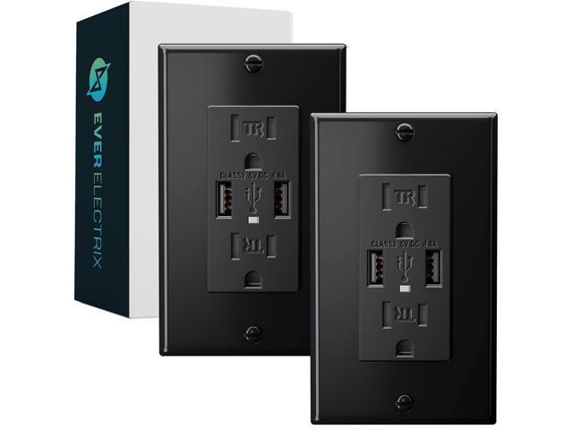 2-Pack 4.8A Black Wall Outlet With USB Ports - 15Amp Duplex Tamper Resistant Charger, UL Listed, Electrical Receptacle With Dual USB