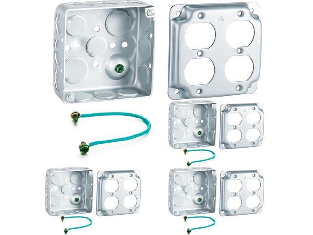 4 Packs 4 Square Metal Receptacle Electrical Box with Exposed Work Cover Grounding Wire and Screw Galvanized Steel Metal Junction Box Eleven 1/2''...