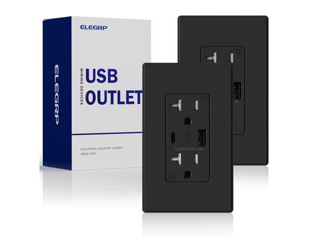 ELEGRP USB Charger Wall Outlet, Type A & C USB Ports, 20 Amp Tamper Resistant Receptacle Plug, Wall Plate Included, UL Listed (2 Pack, Matte Black)