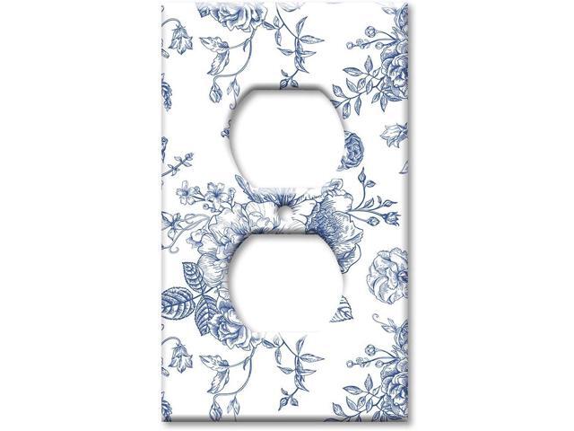 Art Plates - Decorative One Gang Duplex Cover Plate - Wall Plate - 1 Gang Duplex Outlet Cover - Blue Flower Line Art - (Made in USA)