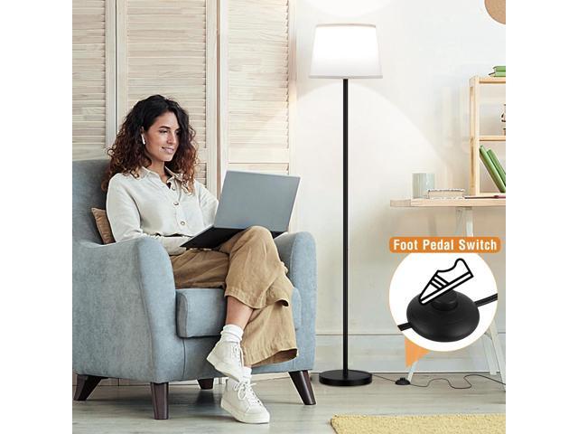 Modern Floor Lamp with Adjustable Brightness, Remote Control, Black, LED Bulbs, White Shade, Foot Switch, Easy Assembly