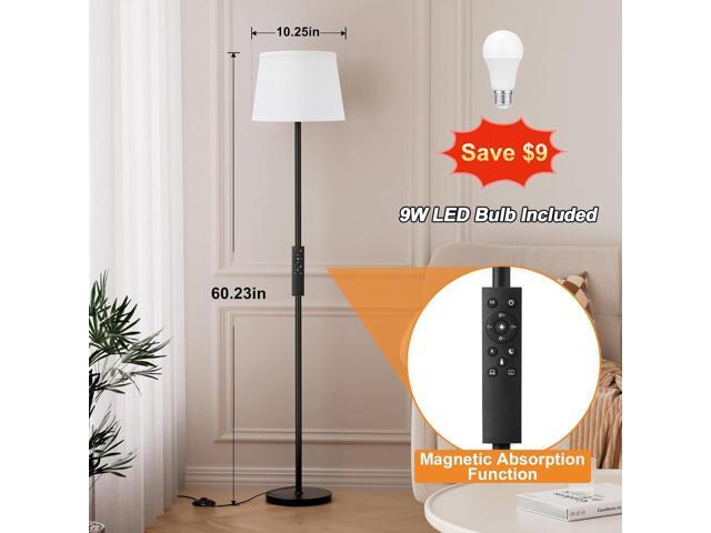 Modern Floor Lamp with Adjustable Brightness, Remote Control, Black, LED Bulbs, White Shade, Foot Switch, Easy Assembly