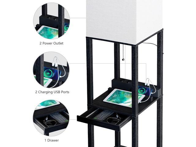 SUNMORY Floor Lamp with Shelves,Modern Dimmable Solid Wood Standing Lamp with 1 Drawer and 2 USB Ports & 2 Power Outlet,Corner Tall Bookshelf Lamp...
