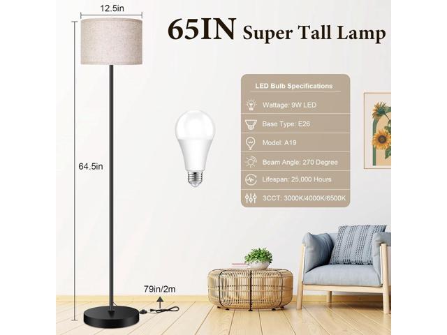TOBUSA 65 Floor Lamp for Living Room Bedroom with 3CCT LED Bulb, Modern Standing Lamp Drum Shade, Standing Lamp with Foot Switch Black Pole,...