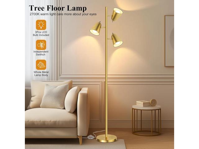 QiMH Tree Floor Lamp with 3 Light Bulbs, Standing Tall Pole Lamps for Living Room Bedroom Office, Reading Stand up Lamps with 3 Adjustable Arms,...