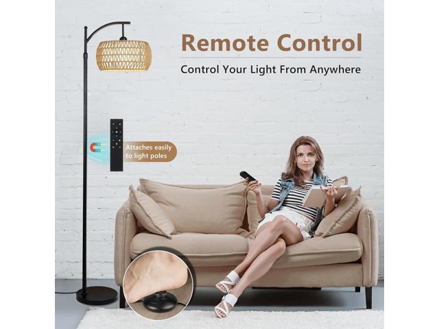 Arc Floor Lamp with Remote Control, Dimmable LED Floor Lamp with 3 Color Temperature, Black Standing Lamp with Rattan & Fabric Double Drum Shade,...