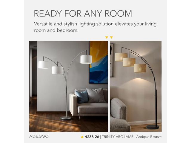 Adesso Arc Floor Lamp with 3 Movable Shades & Dimmable Brightness - Perfect Lighting for Bedroom, Living Room and Corner Decor, Antique Bronze