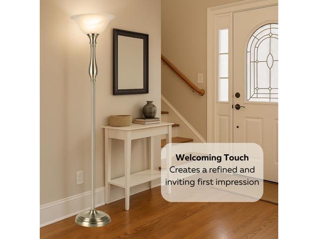 LIGHTACCENTS Floor Lamp, 72-Inch Standing Lamp with Brushed Nickel Finish and White Alabaster Glass Shade Torchiere Pole Lamp for Living Room,...