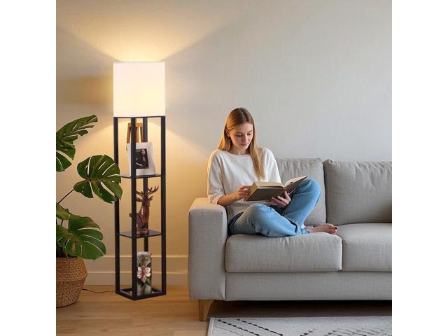 HomeFocus - Floor Lamp with Shelves,Shelf Floor Lamp with LED Bulb,Bookshelf Corner Display Lamp for Living Room,Bedroom and Office,White Linen...