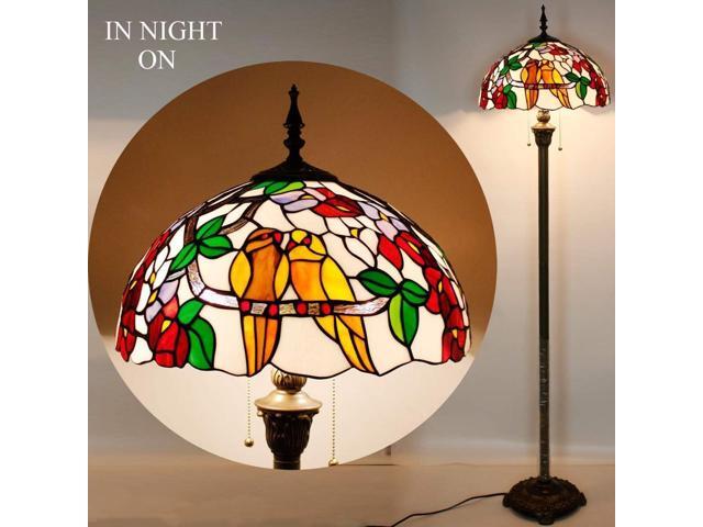 WERFACTORY Tiffany Floor Lamp Double Tropical Birds Stained Glass Standing Reading Light 16X16X64 Inches Antique Pole Corner Lamp Decor Bedroom...