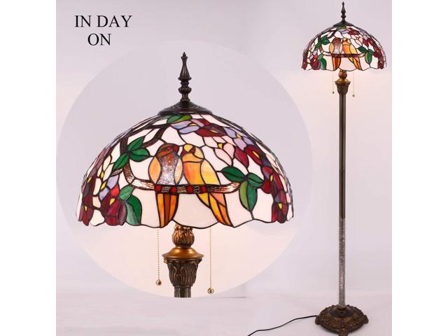 WERFACTORY Tiffany Floor Lamp Double Tropical Birds Stained Glass Standing Reading Light 16X16X64 Inches Antique Pole Corner Lamp Decor Bedroom...