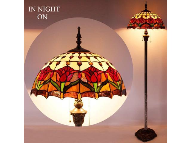 WERFACTORY Tiffany Floor Lamp Red Amber Tulip Flower Stained Glass Standing Reading Light 16X16X64 Inches Antique Pole Corner Lamp Decor Bedroom...
