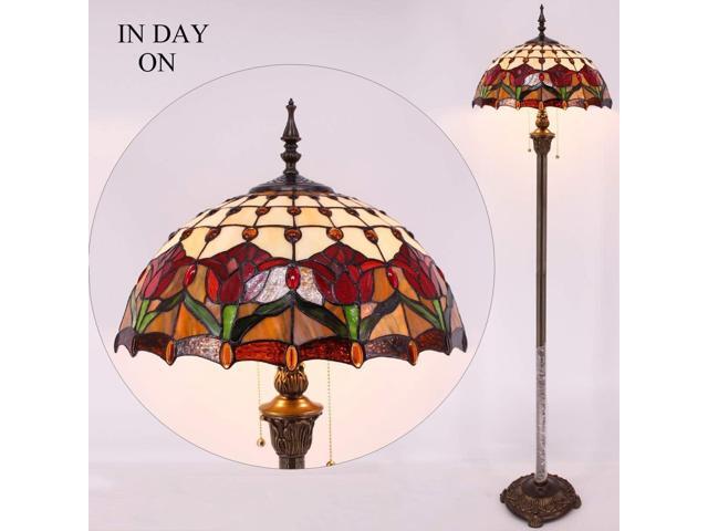 WERFACTORY Tiffany Floor Lamp Red Amber Tulip Flower Stained Glass Standing Reading Light 16X16X64 Inches Antique Pole Corner Lamp Decor Bedroom...
